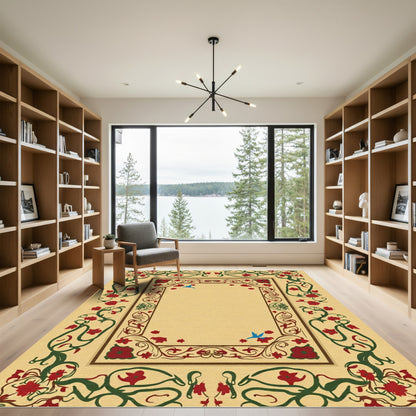 Crimson Floral Vines Birds Rug