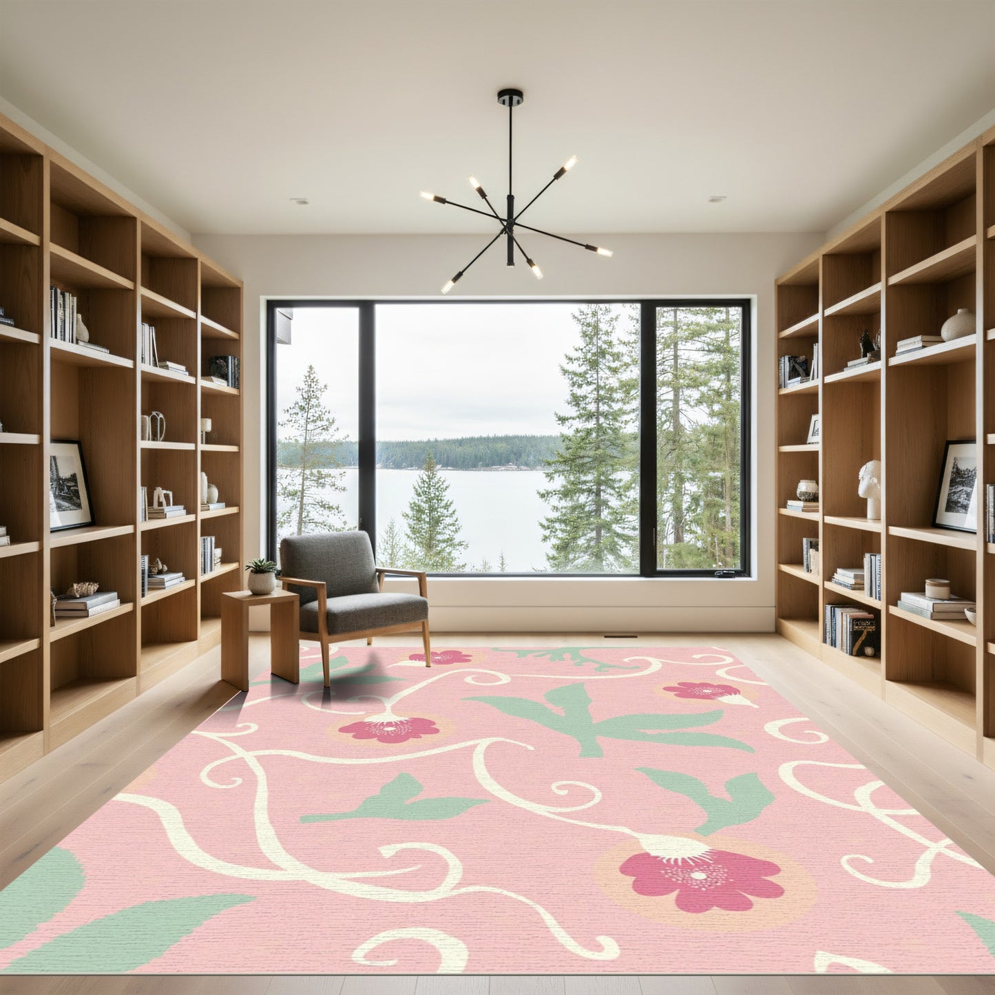 Whimsical Pink Floral Swirl Composition Rug