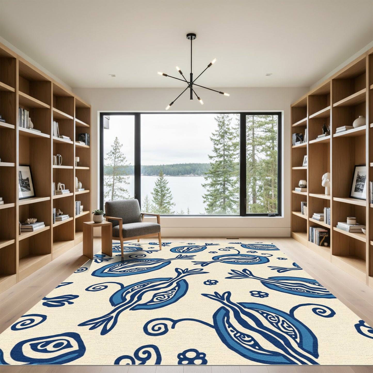 Blue White Stylized Fruit Floral Rug