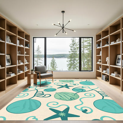 Teal Starfish and Pods Scrollwork Rug