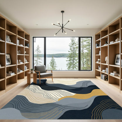 Abstract Blue Gold Wavy Landscape Rug