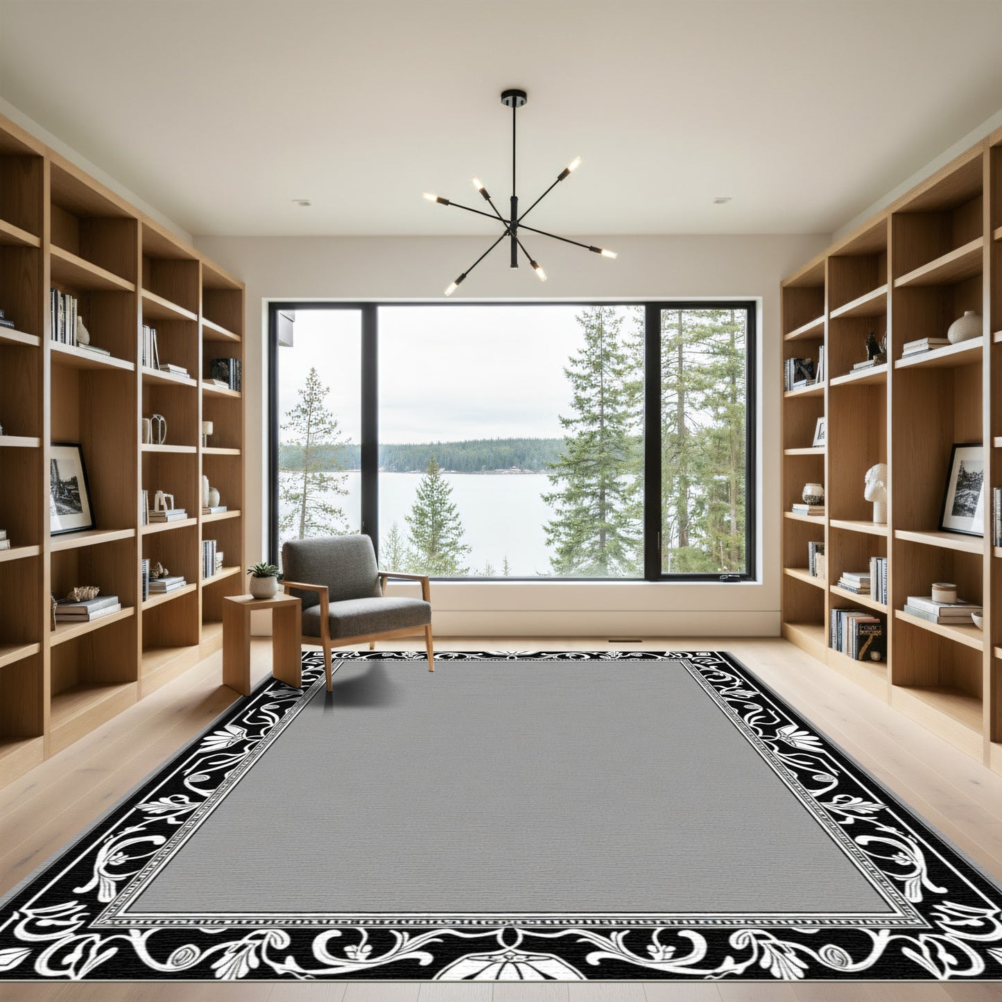 Luxe Black White Floral Scroll Frame Rug