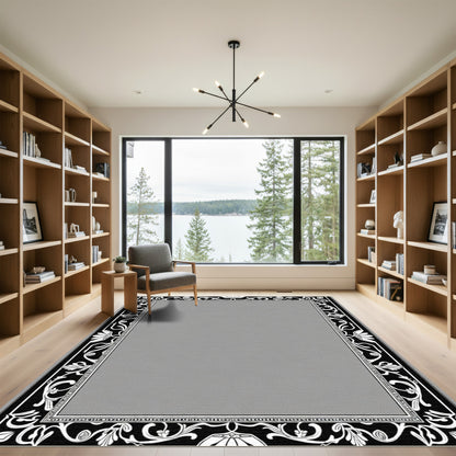 Luxe Black White Floral Scroll Frame Rug