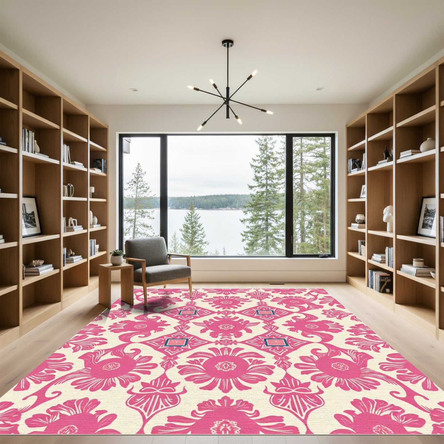 Hot Pink Floral Damask Tile Rug