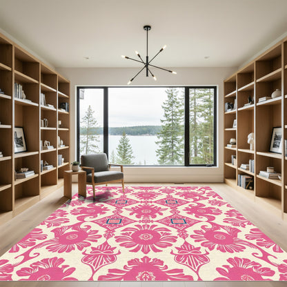 Hot Pink Floral Damask Tile Rug