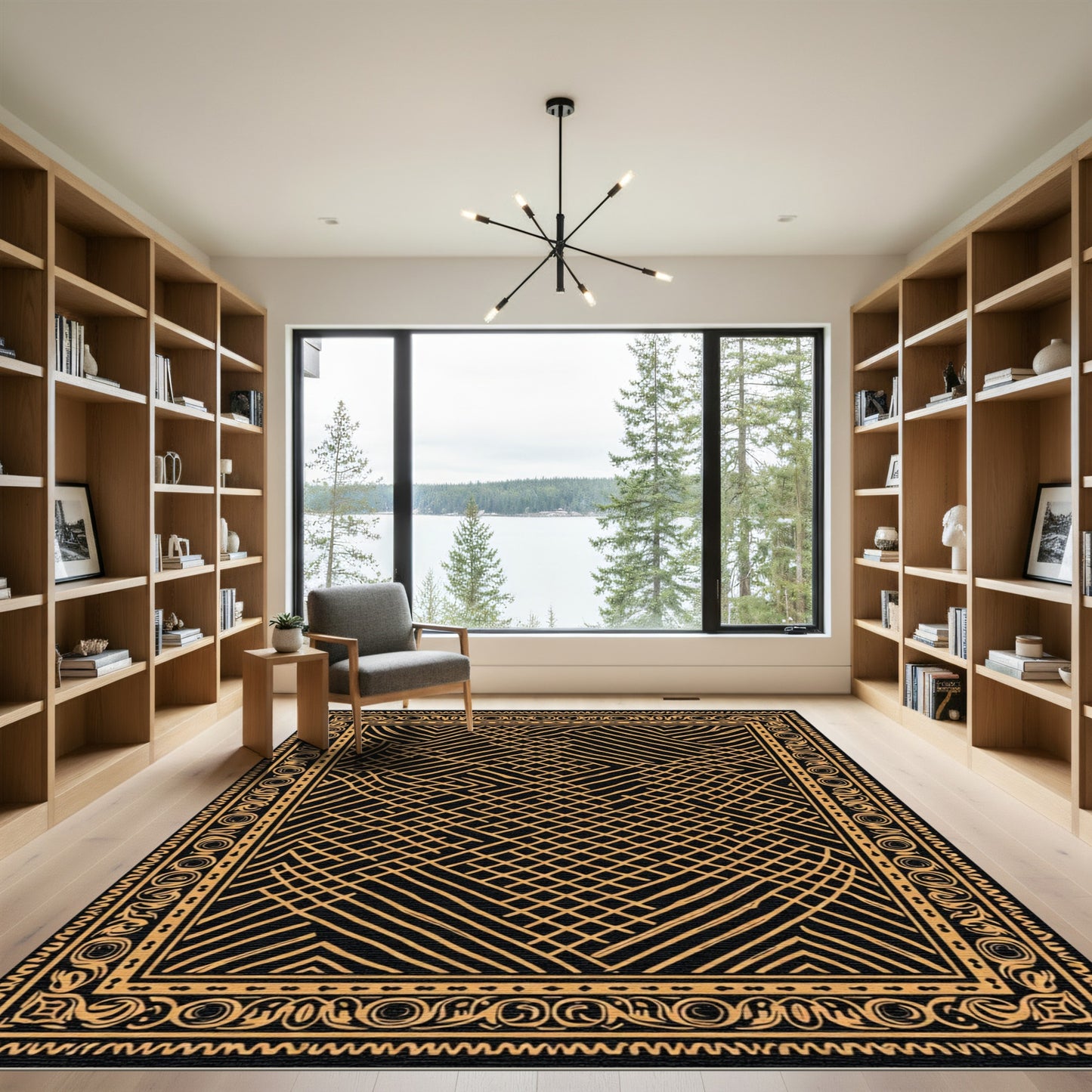 Abstract Golden Grid Border Rug