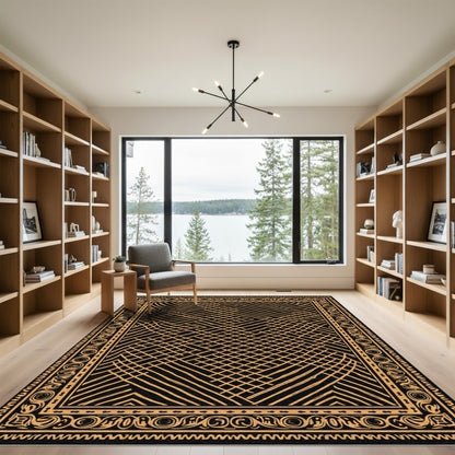 Abstract Golden Grid Border Rug
