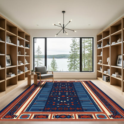 Deep Blue Red Tribal Stripe Rug