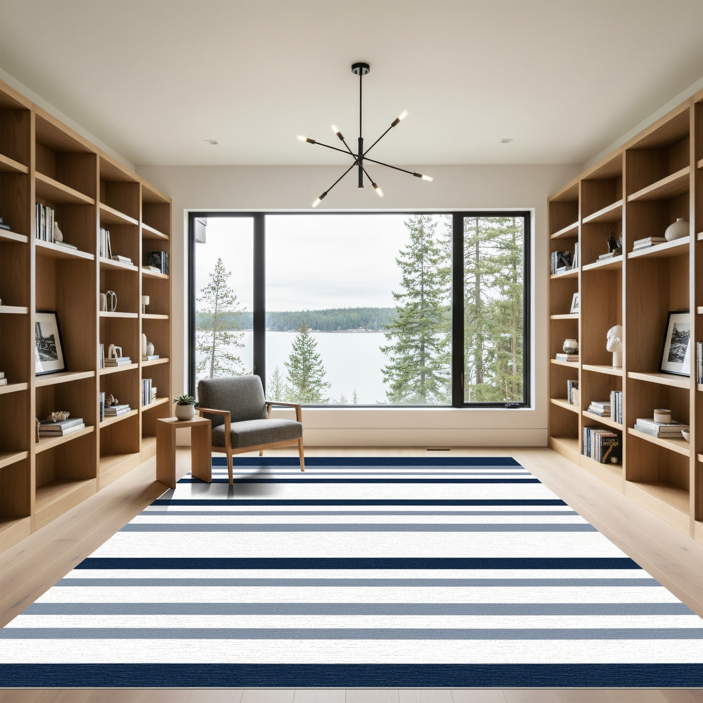 Navy Blue Gray White Horizontal Stripe Rug