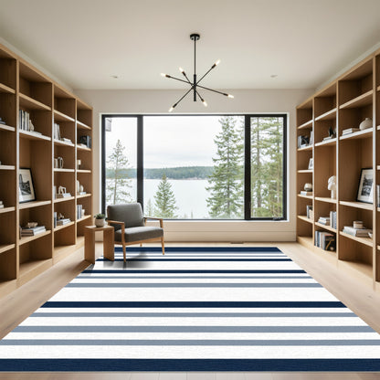Navy Blue Gray White Horizontal Stripe Rug
