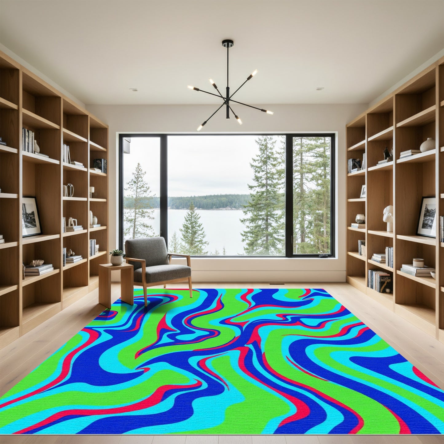 Vibrant Swirling Lines Green Blue Splash Rug