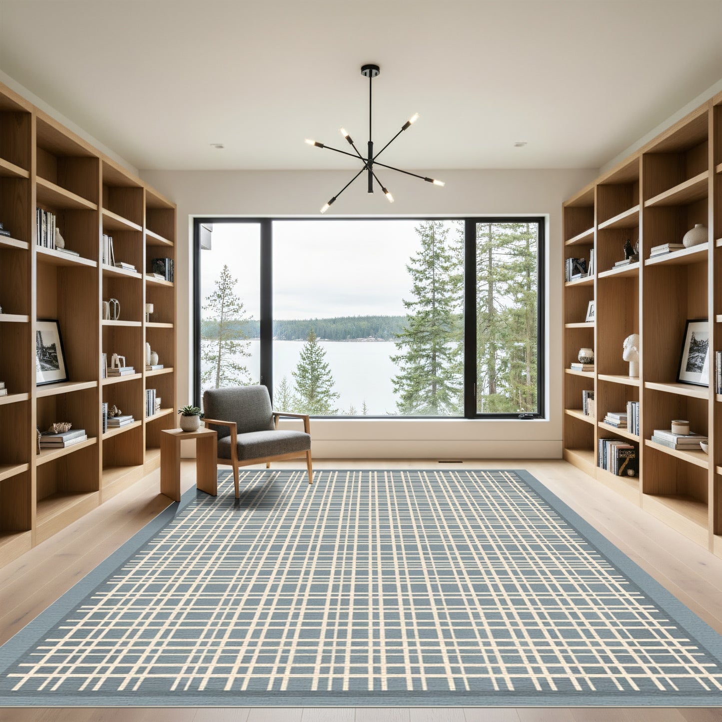Pale Blue Tan Plaid Grid Rug