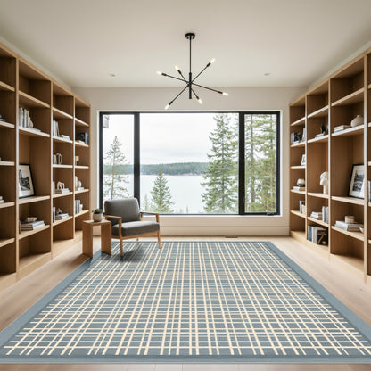Pale Blue Tan Plaid Grid Rug
