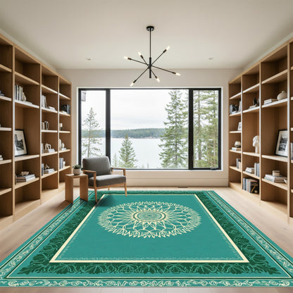 Teal Cream Sunburst Mandala Frame Rug