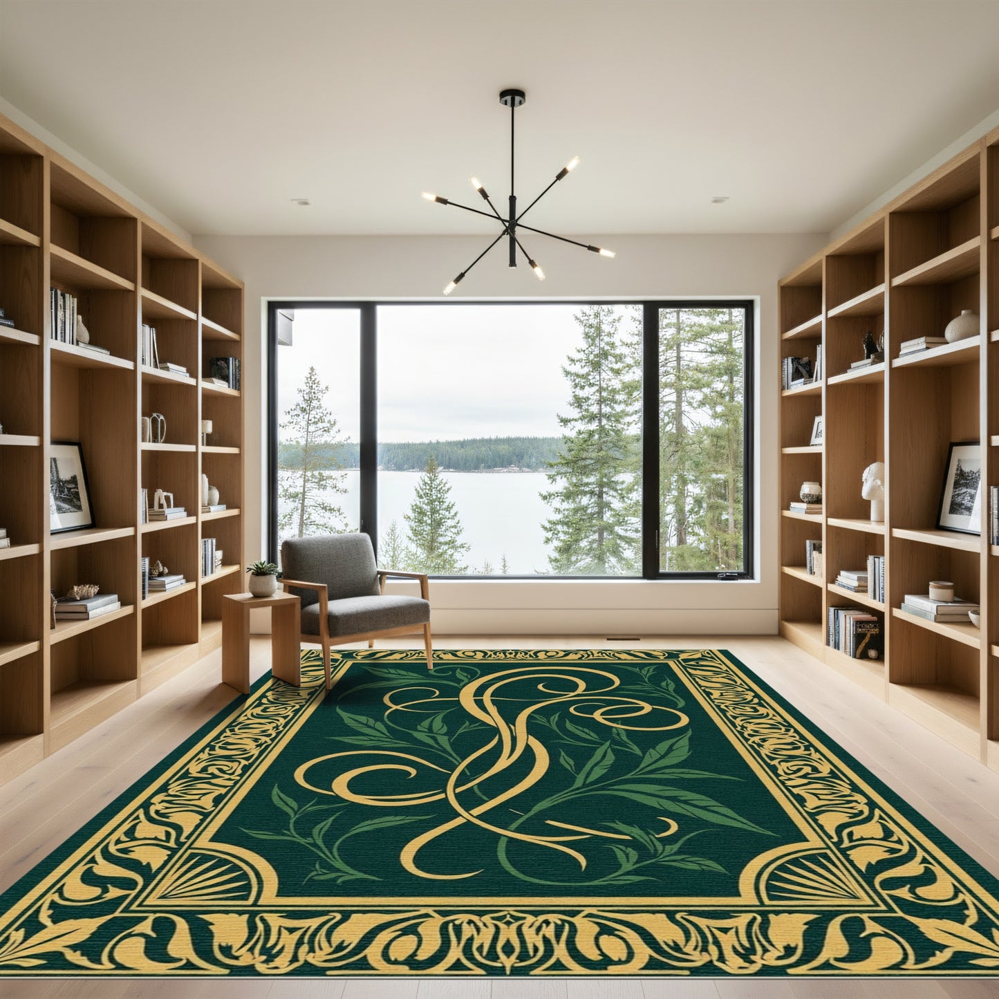 Elegant Gold Emerald Leaf Scroll Rug