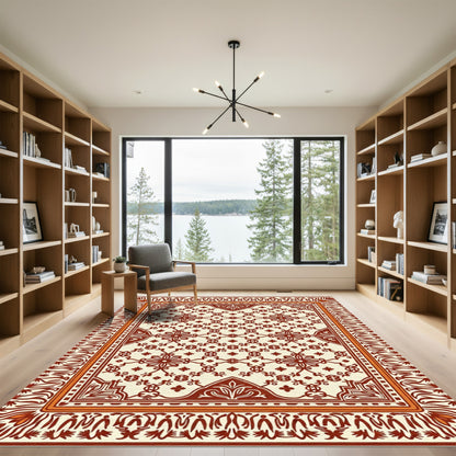 Cream and Burgundy Floral Medallion Rug