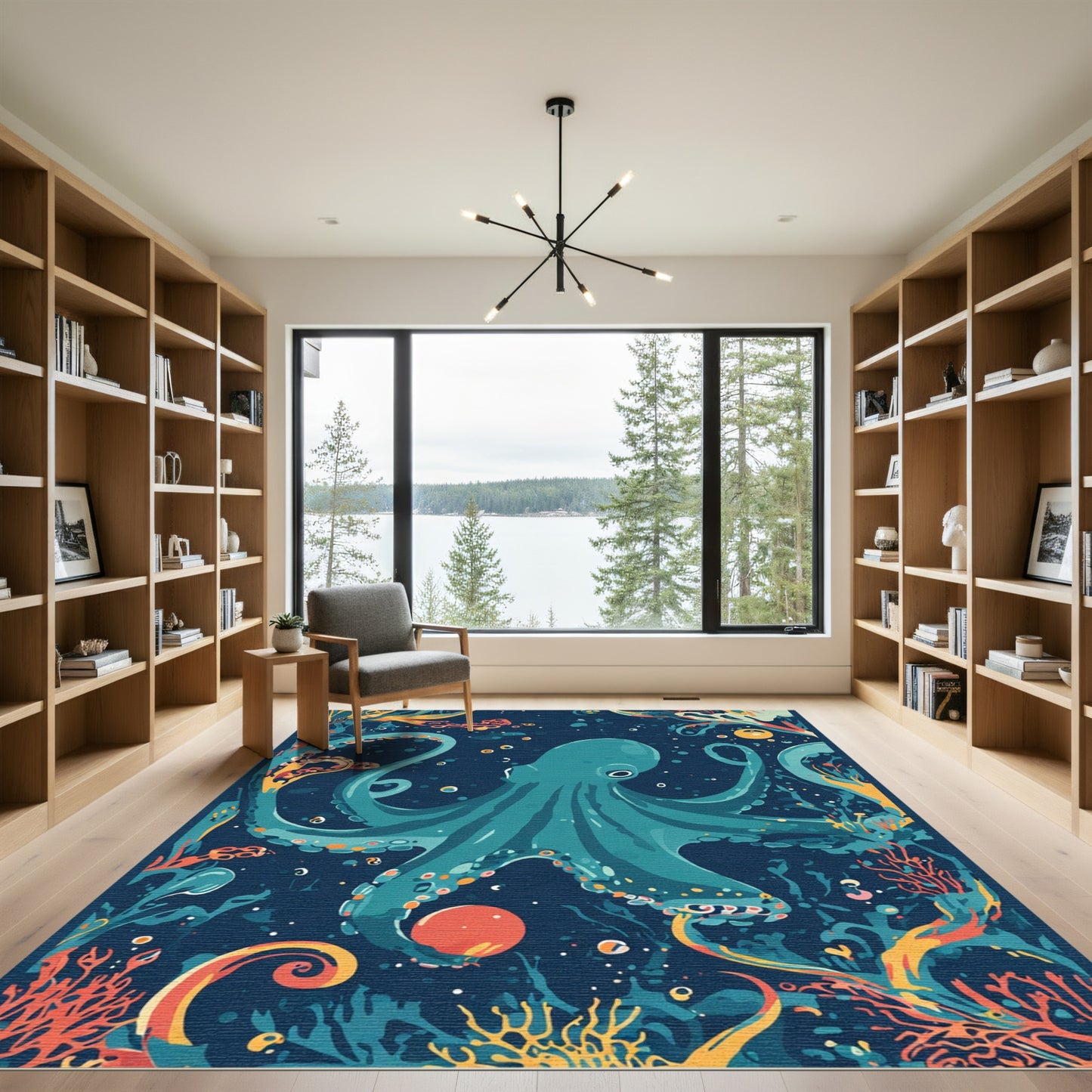 Deep Sea Teal Octopus Coral Reef Rug