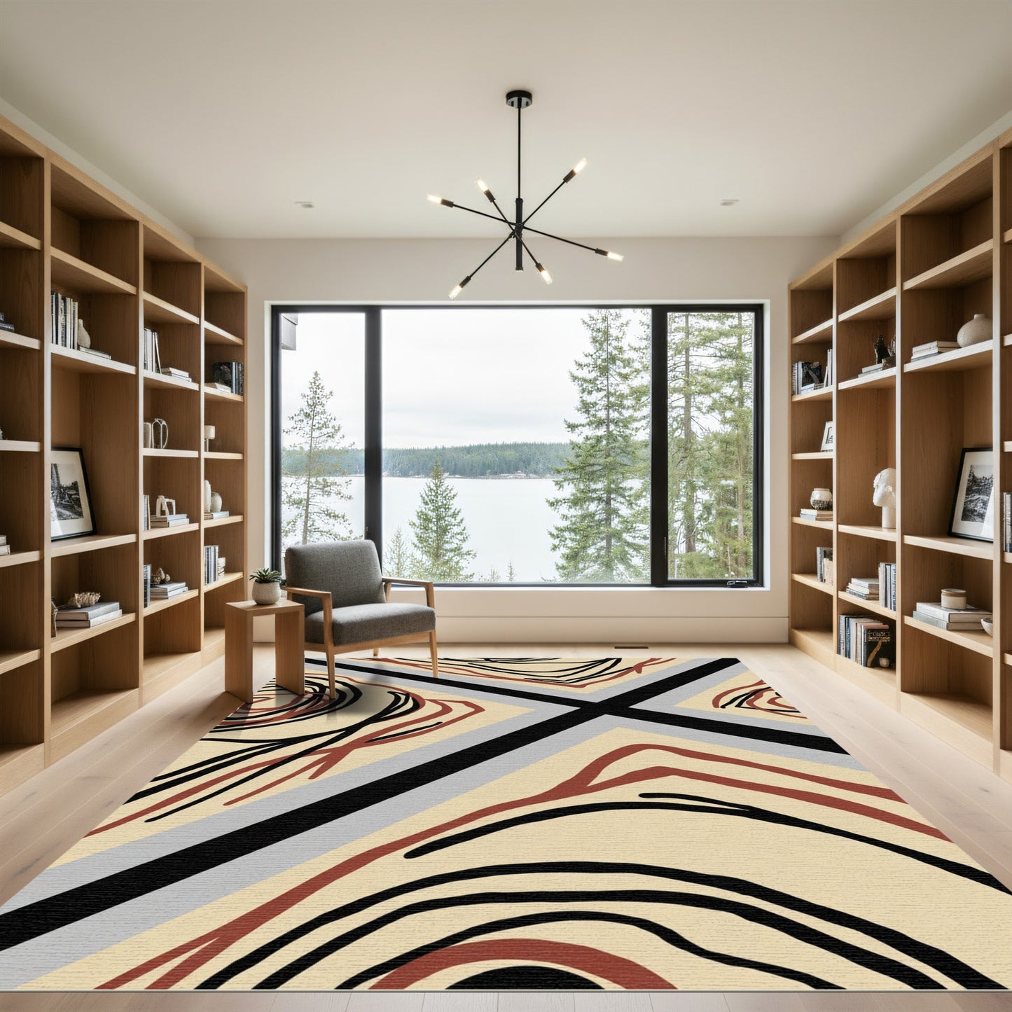 Abstract Swirls Black Terracotta Stripe Rug