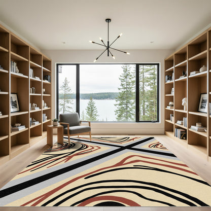 Abstract Swirls Black Terracotta Stripe Rug