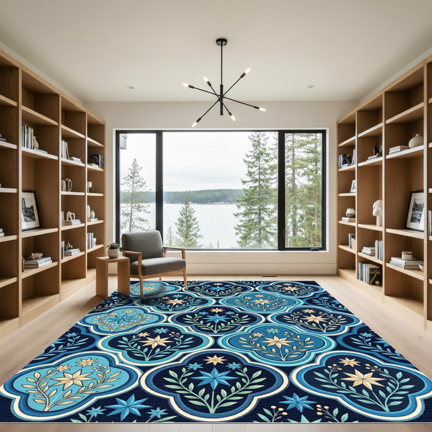Deep Blue Floral Arabesque Medallion Rug