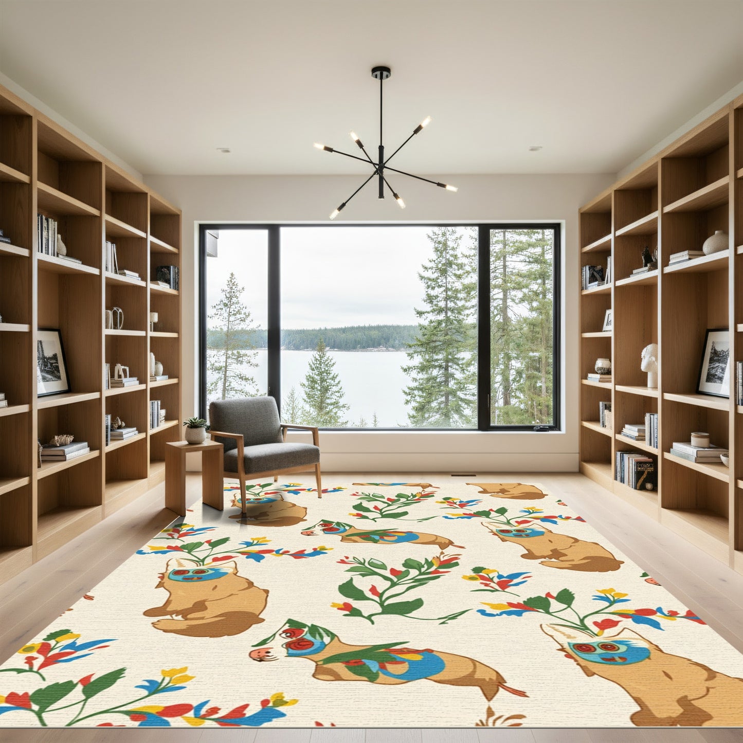 Whimsical Tan Animals Colorful Floral Accents Rug