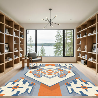 Orange Blue Cream Geometric Medallion Rug