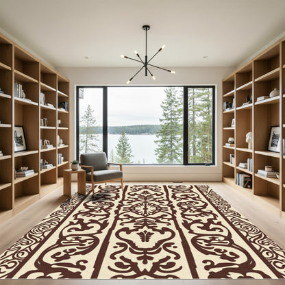 Ornate Sepia Damask Vertical Stripe Rug