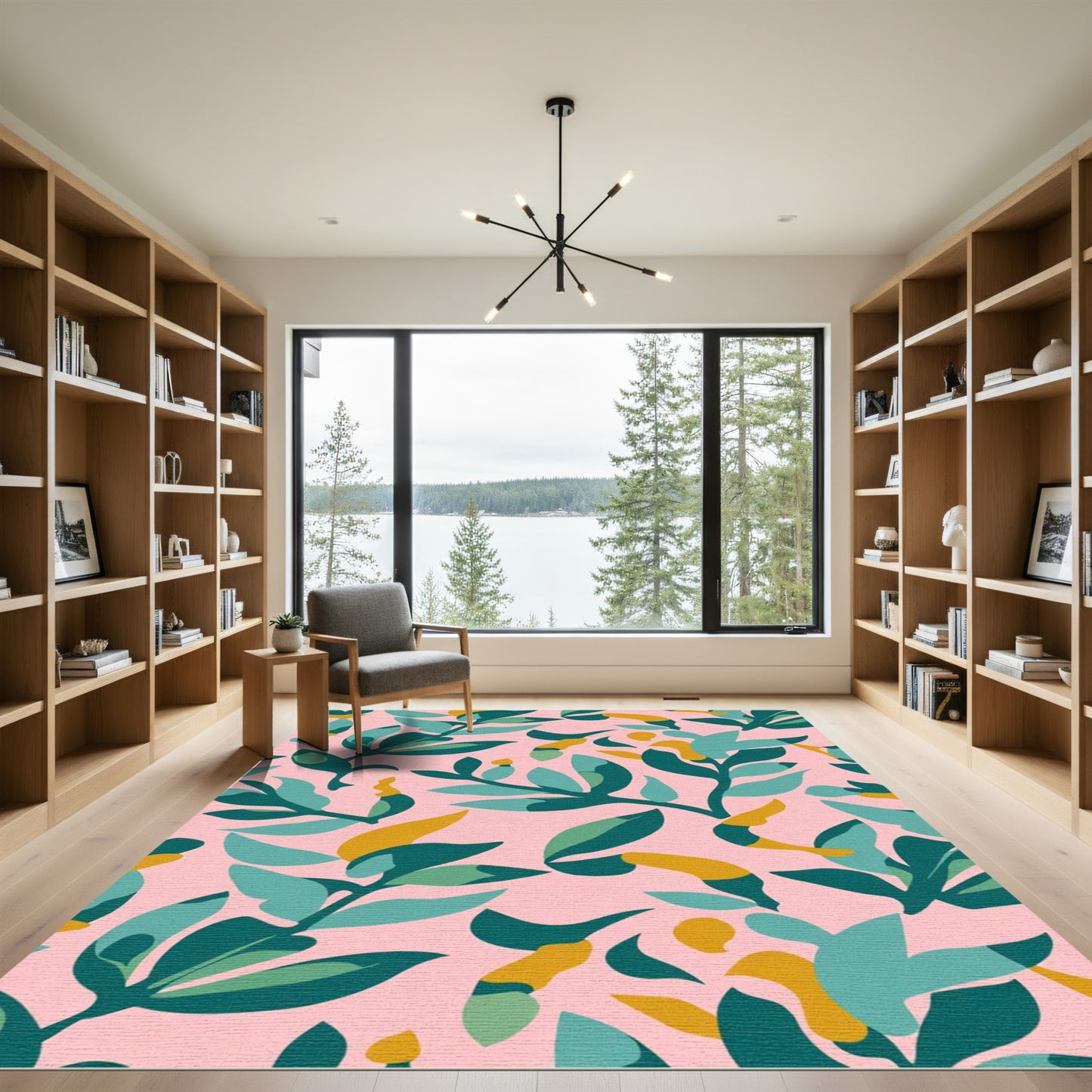 Teal Leafy Branch Gold Accents Rug
