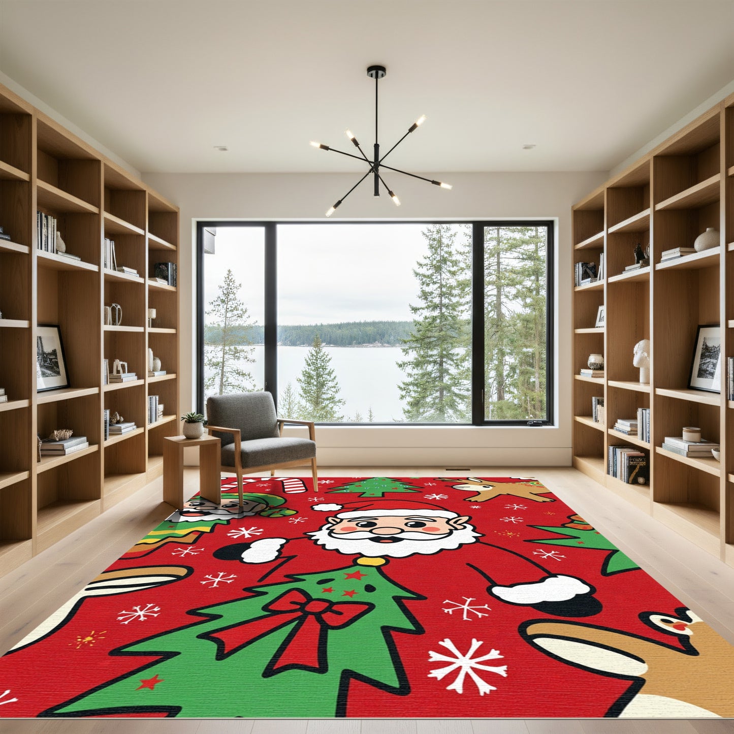 Whimsical Christmas Characters Red Scene Rug