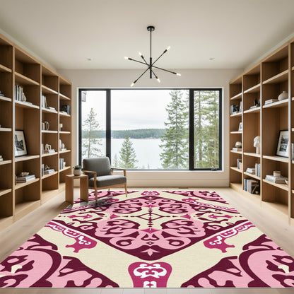 Crimson Pink Courtly Damask Jewel Rug