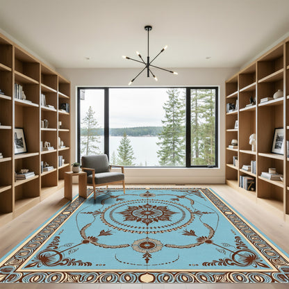 Ornate Brown Floral Medallion Blue Accents Rug
