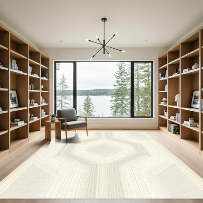 Elegant Cream Geometric Hexagon Overlay Rug