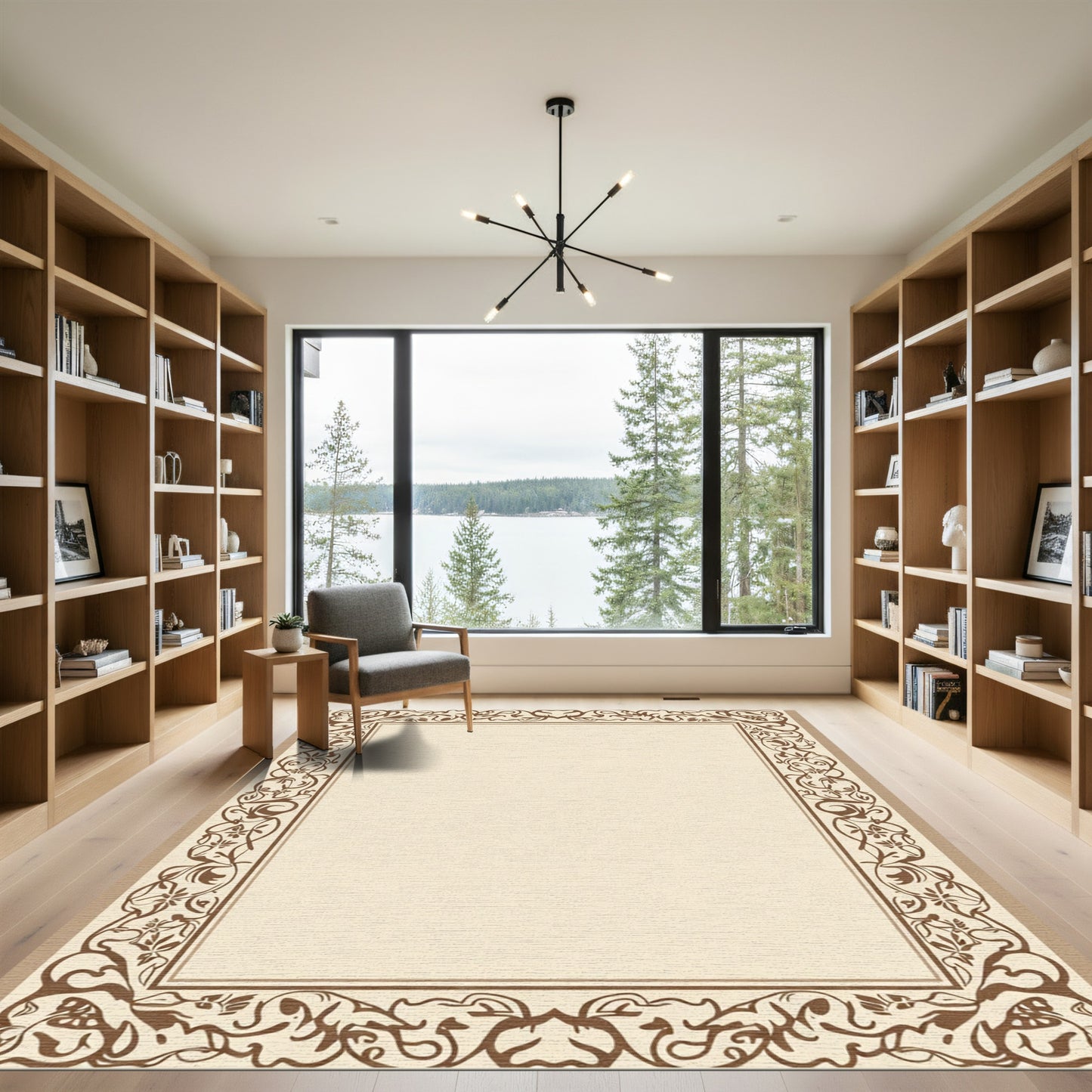 Neutral Brown Floral Scroll Border Rug