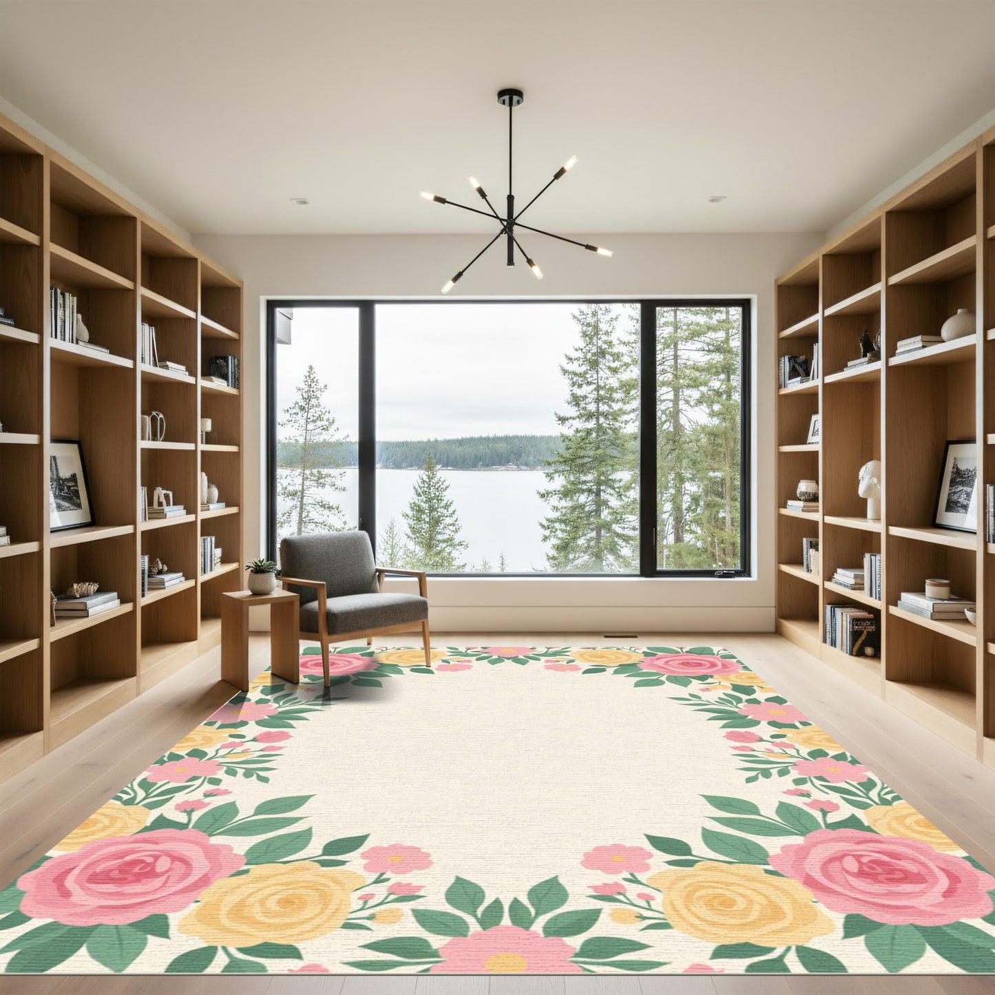 Pink Yellow Floral Wreath Accent Rug