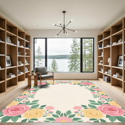 Pink Yellow Floral Wreath Accent Rug