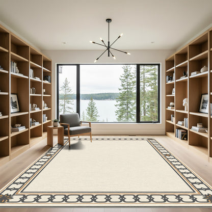 Cream and Charcoal Geometric Border Rug