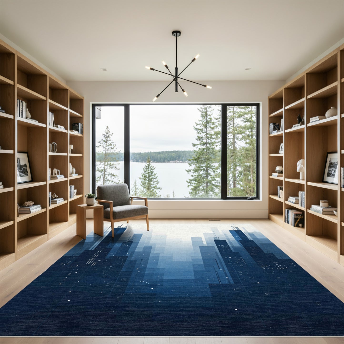 Dark Blue Cityscape Pixelated Skyline Rug