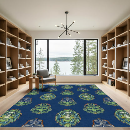 Navy Cobalt Green Heraldic Crest Rug