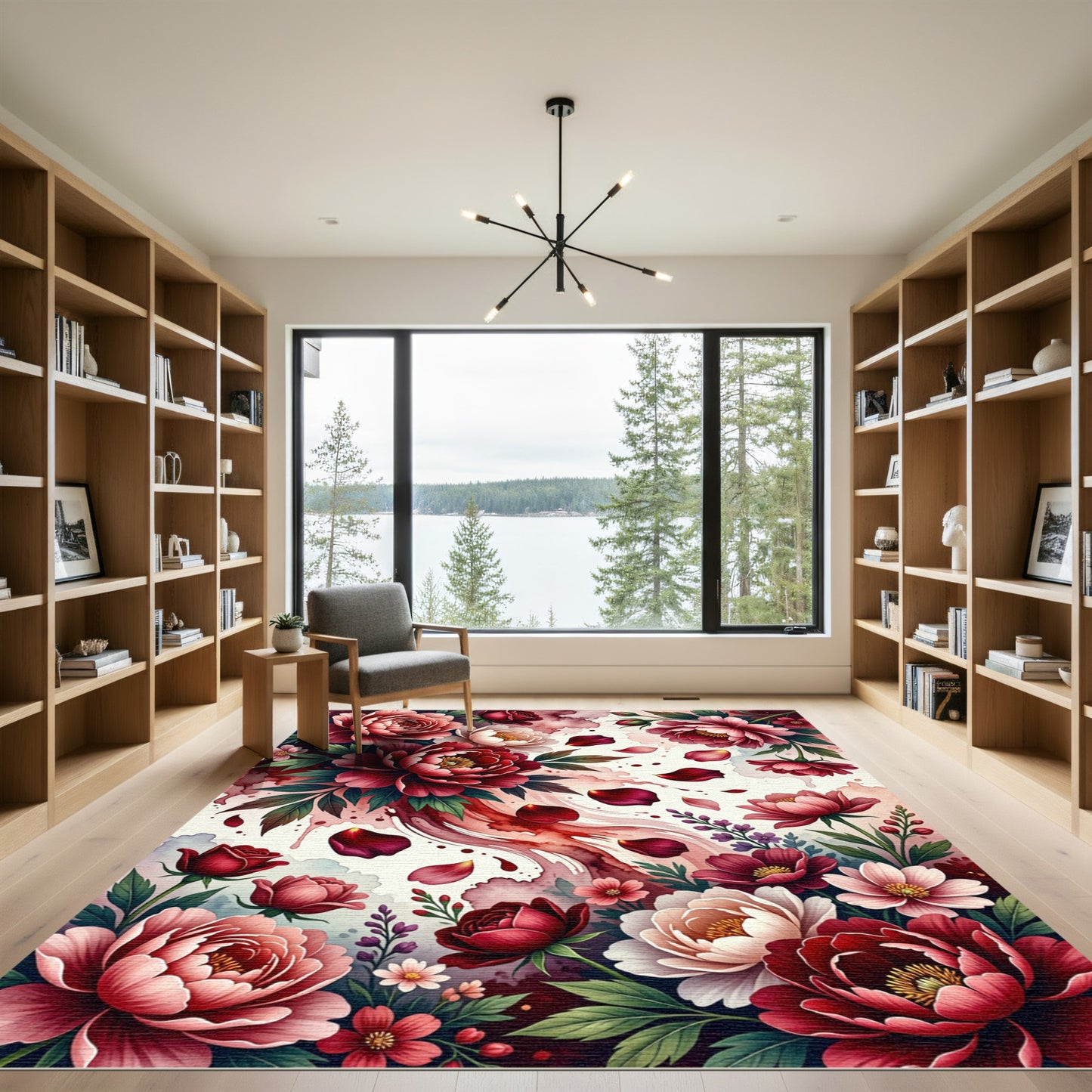 Crimson Peony Rose Floral Spray Rug