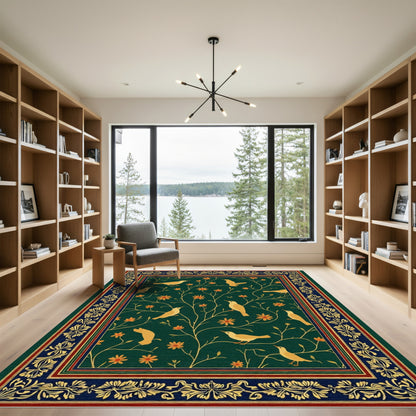 Golden Birds Orange Flowers Dark Green Rug