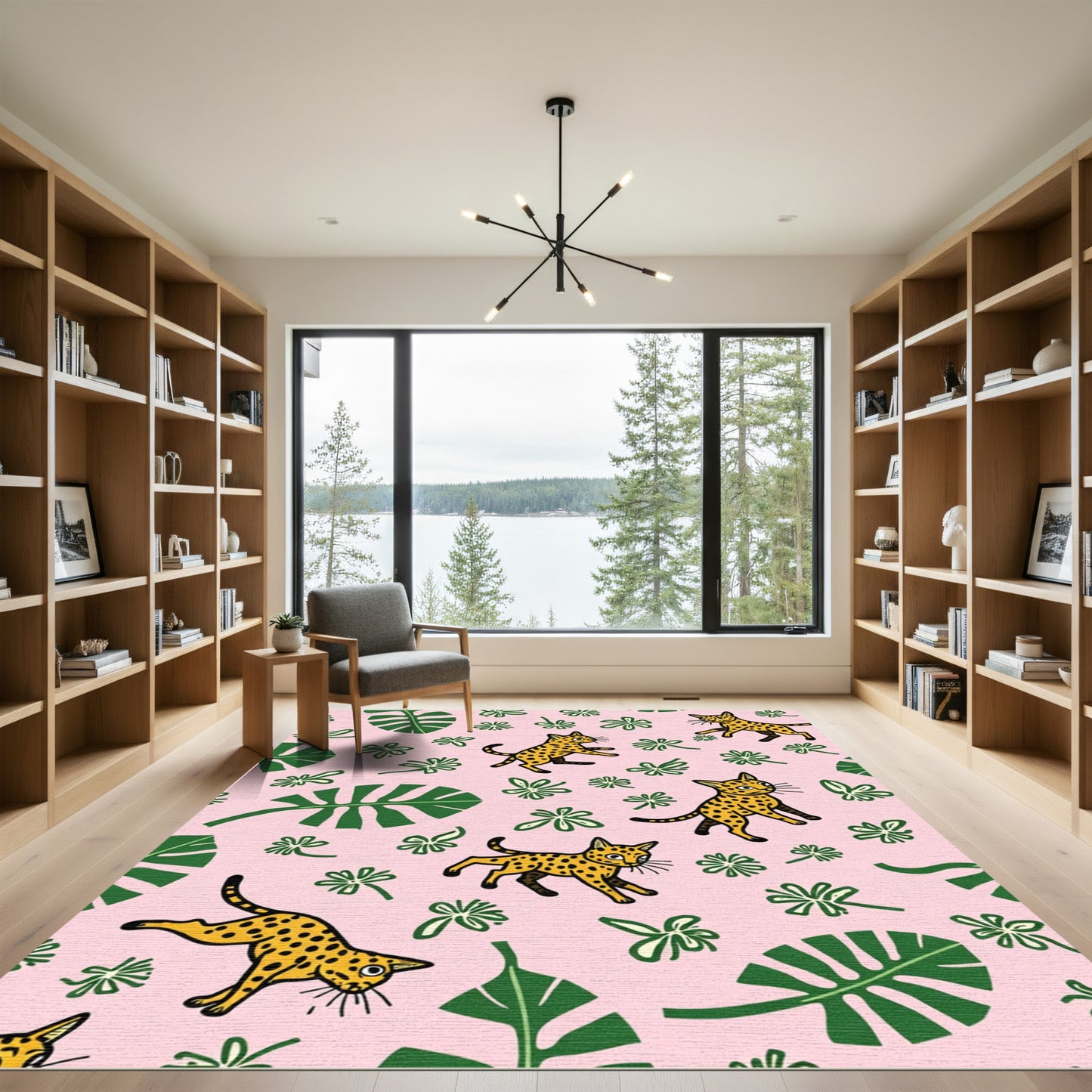 Golden Cheetah Jungle Botanical Pink Rug