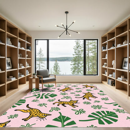Golden Cheetah Jungle Botanical Pink Rug