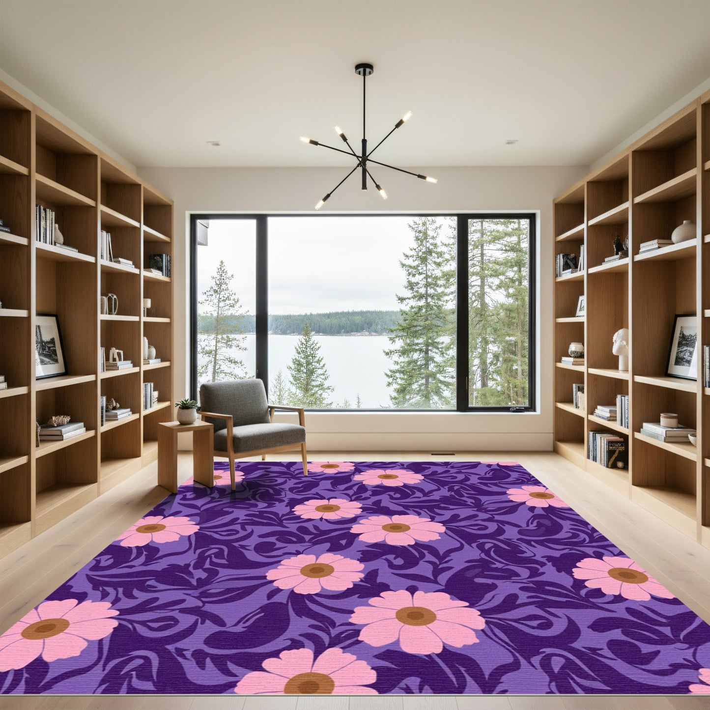 Pink Floral Swirl With Purple Background Rug