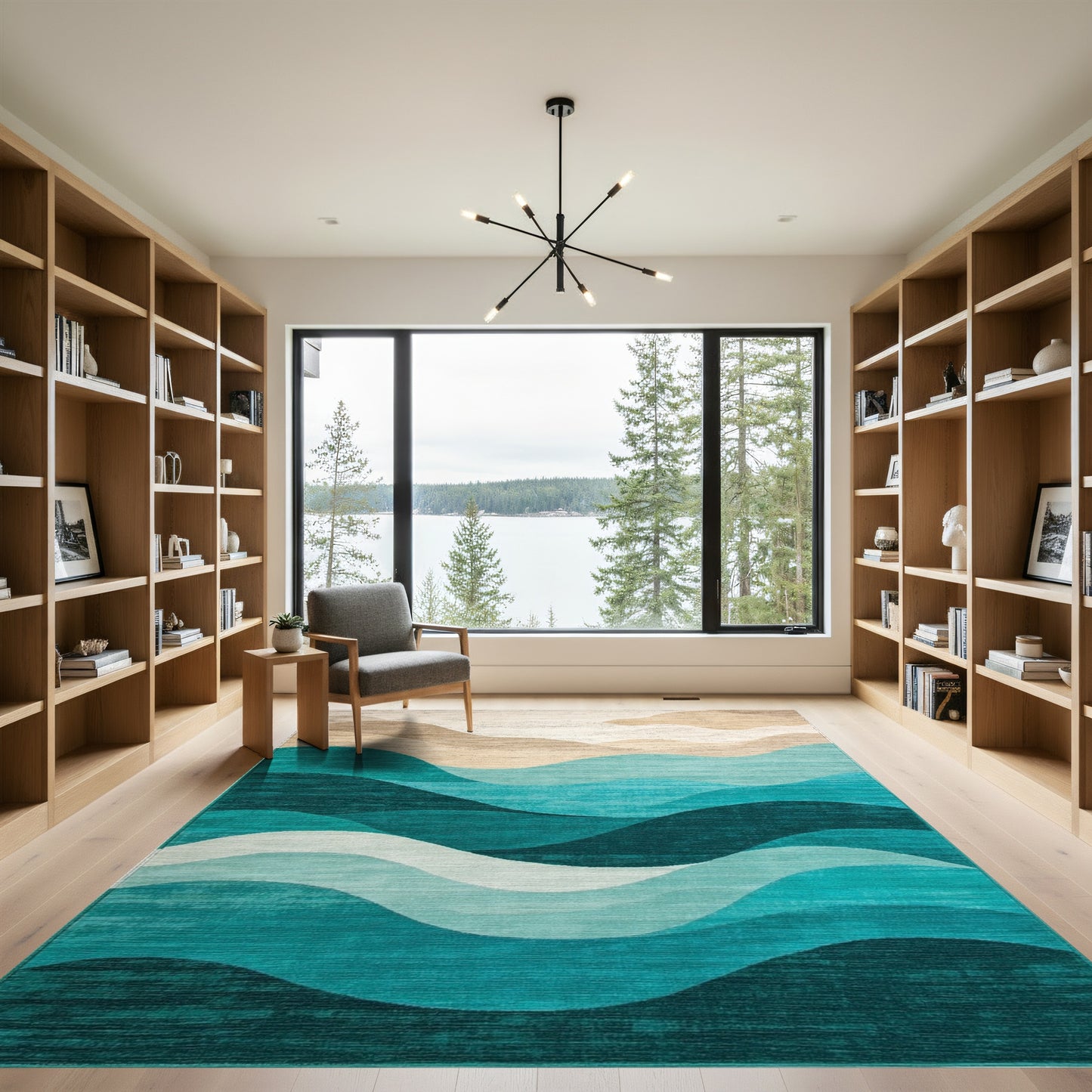 Layered Teal Beige Waves Rug