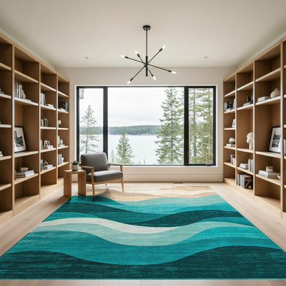Layered Teal Beige Waves Rug