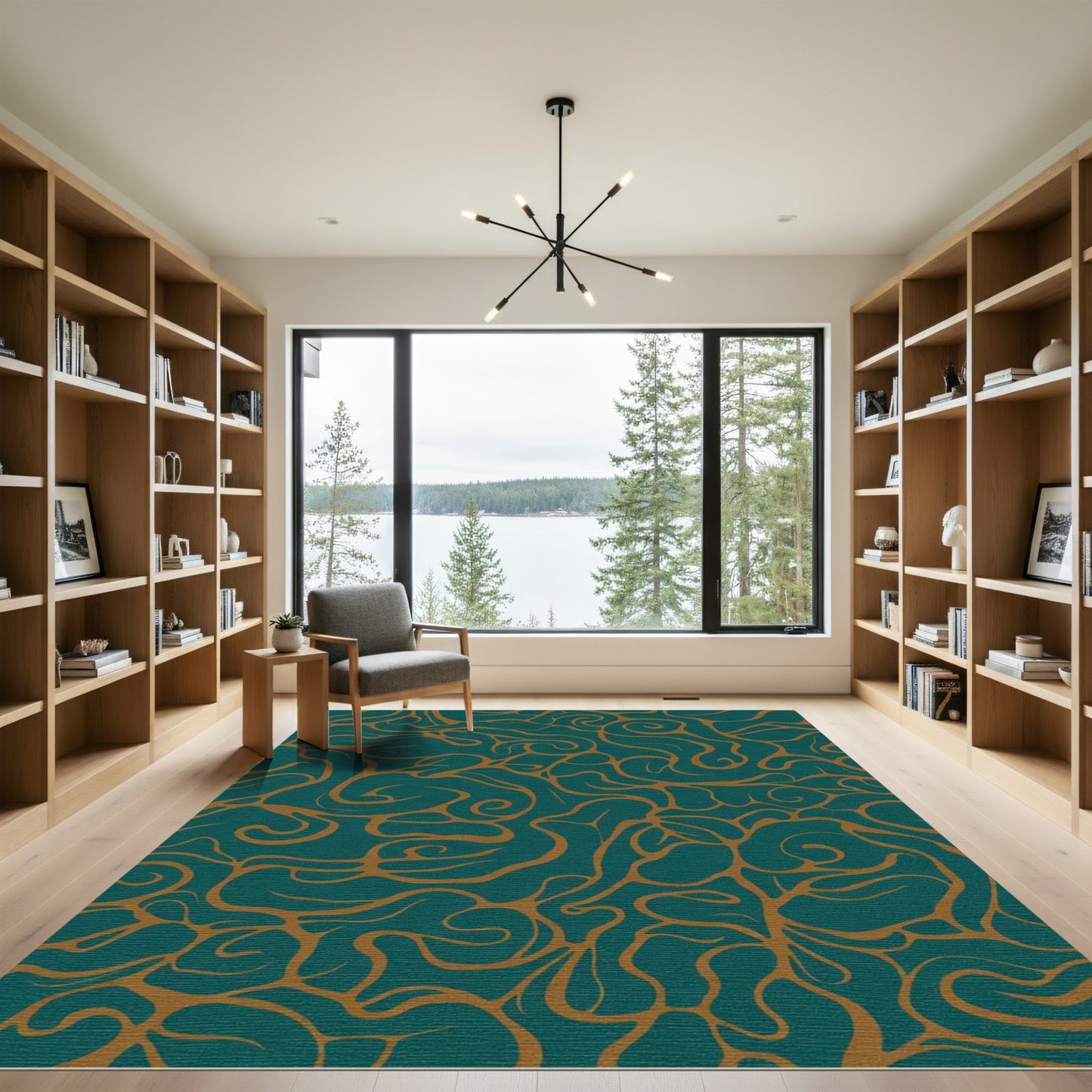 Teal Gold Organic Swirl Abstract Rug