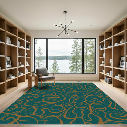 Teal Gold Organic Swirl Abstract Rug