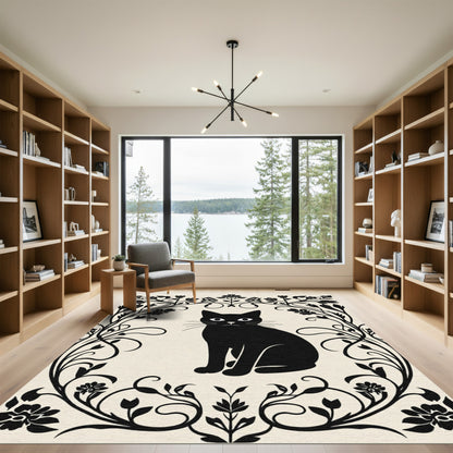 Black Cat Floral Frame Rug