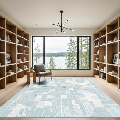 Soft Blue Abstract Geometric Waves Rug