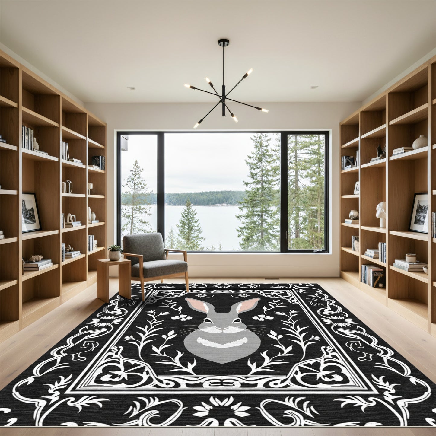 Whimsical Gray Bunny Floral Border Rug